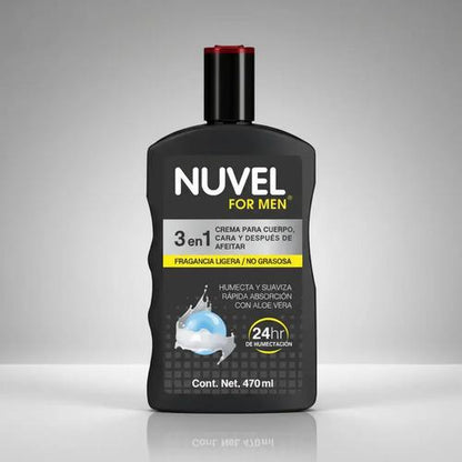 Crema Corporal Nuvel para hombre 3 En 1 Cara, Despues de  Afeitar Y Cuerpo 470ml.