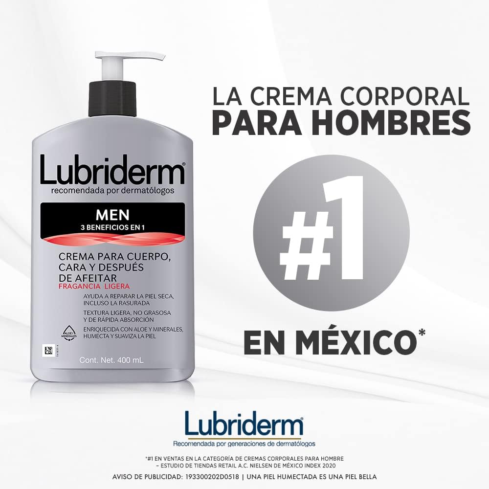 Lubriderm Men Crema Hidratante Ligera 400ml para Cara y Cuerpo Enriquecida con Aloe y Minerales