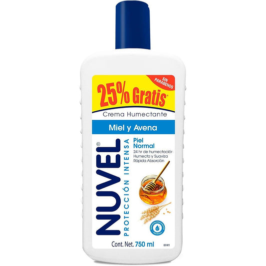 Crema Corporal e Hidratante Facial con Miel y Avena, Nuvel 750 ml | Crema Hidratante para Piel Normal y Seca, Uso Diario, Suaviza y Nutre la Piel