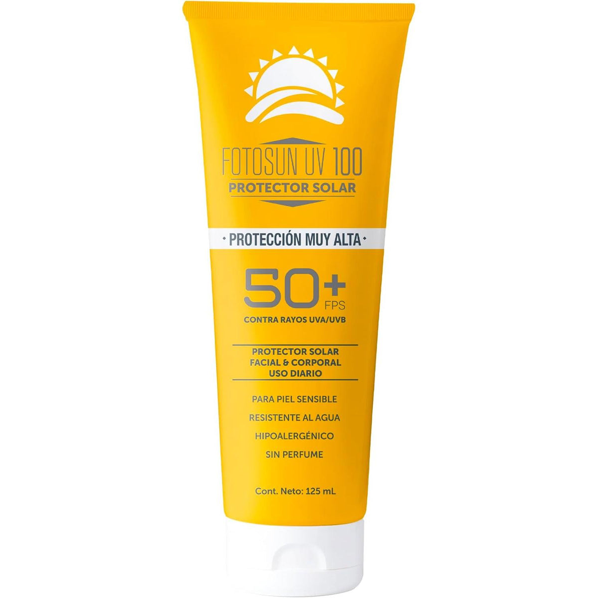 Protector Solar Adulto 125 ml FOTOSUN UV FPS 50+ , resistente al agua, bloqueador facial y corporal, uso diario, protección UVA y UVB