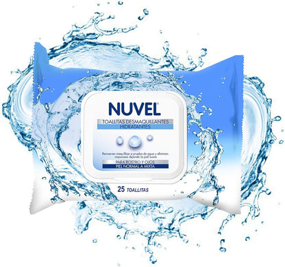 Nuvel Toallitas Desmaquillantes Hidratantes para Rostro y Ojos, 25 Piezas | Para Piel Normal y Mixta | Almohadillas Faciales Tipo Kit de Viaje | Toallitas de Limpieza Facial
