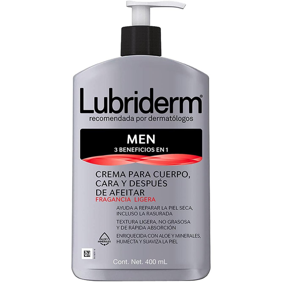 Lubriderm Men Crema Hidratante Ligera 400ml para Cara y Cuerpo Enriquecida con Aloe y Minerales