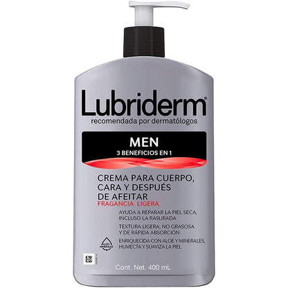 Lubriderm Men Crema Hidratante Ligera 400ml para Cara y Cuerpo Enriquecida con Aloe y Minerales