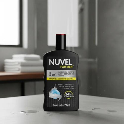 Crema Corporal Nuvel para hombre 3 En 1 Cara, Despues de  Afeitar Y Cuerpo 470ml.